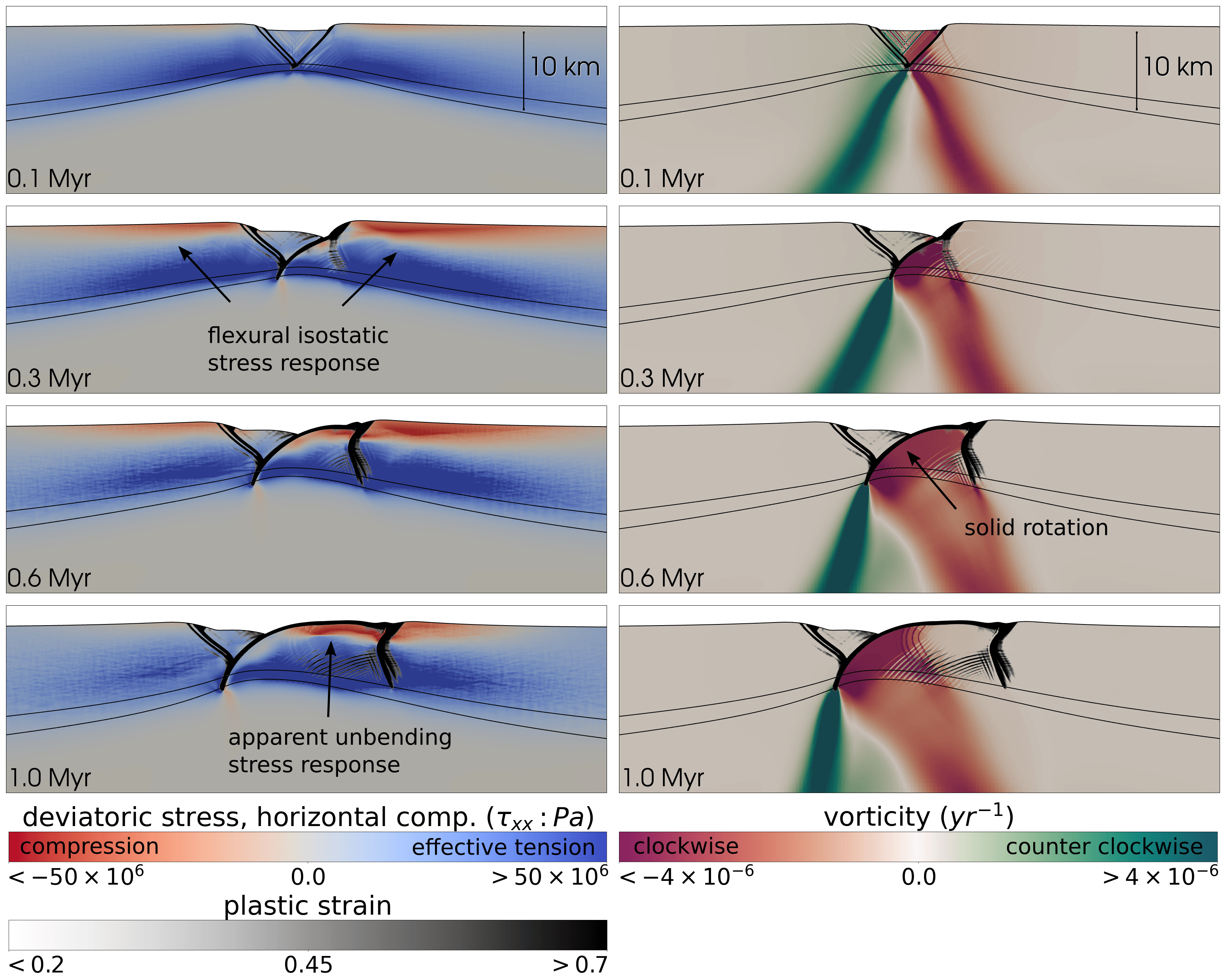 Deviatoric stresses and vorticity in reference model.